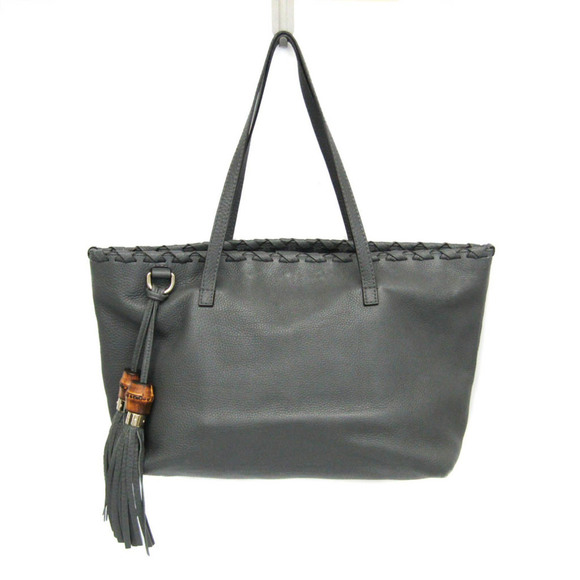 GUCCI Gray Leather Bamboo Tote Bag - Picture 1 of 14